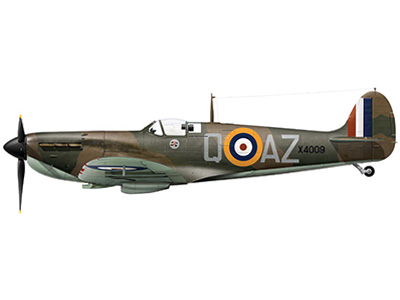 Vickers Supermarine Spitfire Mk Ia X4009 is owned by Hunter Fighter Collection - artwork by James Bentley